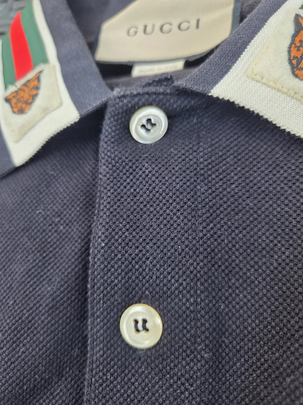 Men's Gucci Navy Polo with Tiger. Green & Red Stripe Collar Size L. Worn Once